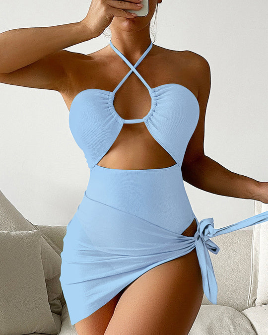 Women's Solid Color Ribbed One-piece Swimsuit - Yeahcir