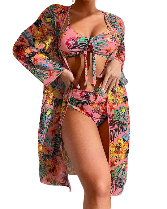 Long-sleeved blouse split three-piece swimsuit print sexy swimsuit new bikini - Yeahcir