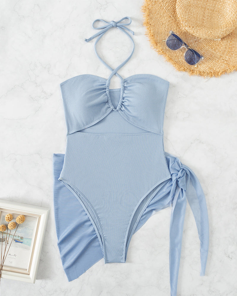 Women's Solid Color Ribbed One-piece Swimsuit - Yeahcir