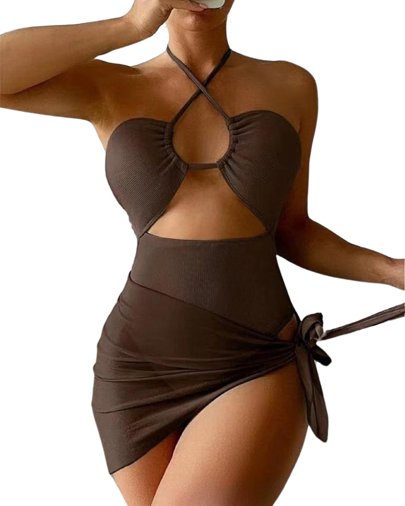 Women's Solid Color Ribbed One-piece Swimsuit - Yeahcir