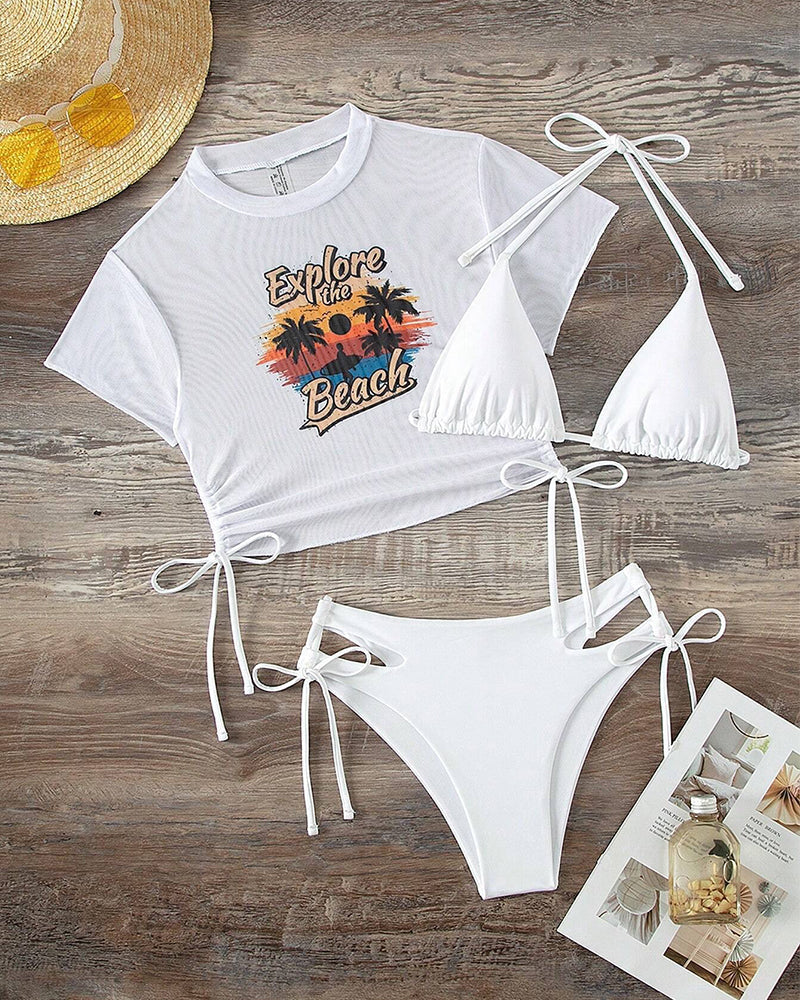 Mesh swimsuit three-piece bikini set with T-shirt - Yeahcir