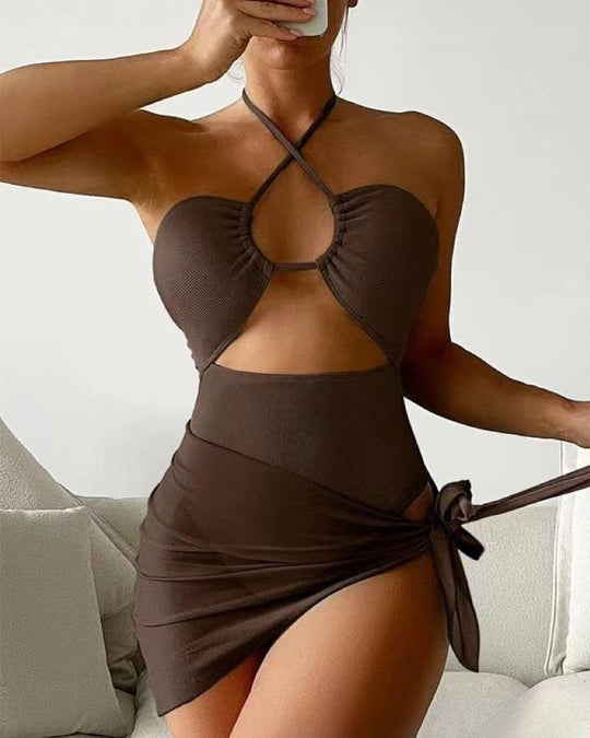 Women's Solid Color Ribbed One-piece Swimsuit - Yeahcir