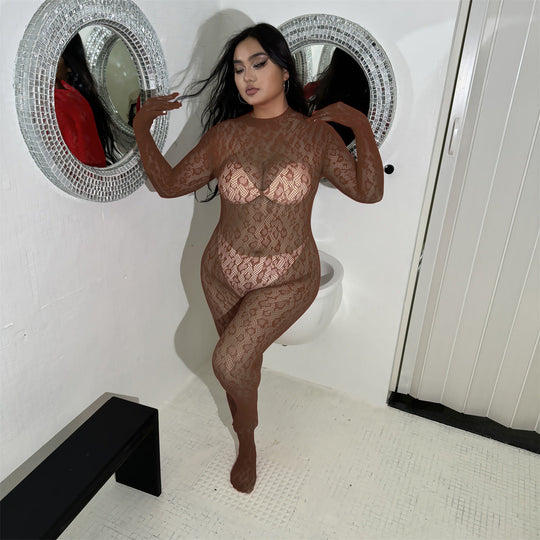 Long sleeve one piece fishnet stockings - Yeahcir