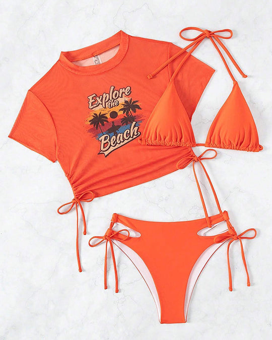 Mesh swimsuit three-piece bikini set with T-shirt