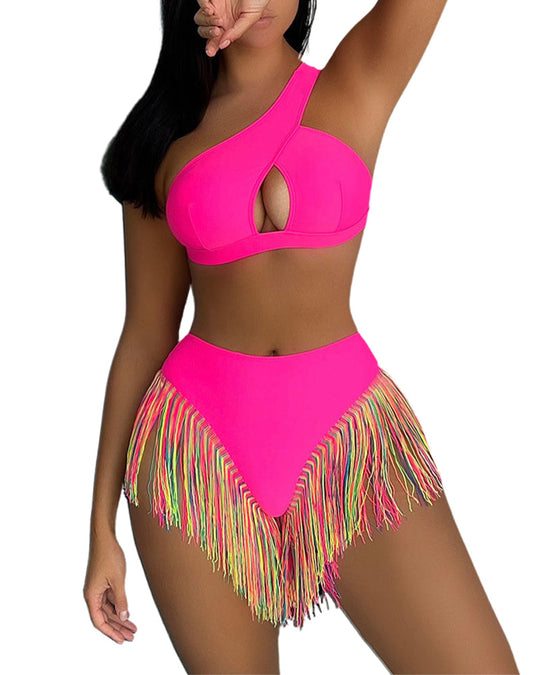 Women's Solid Color Tassel Trim Bikini Set