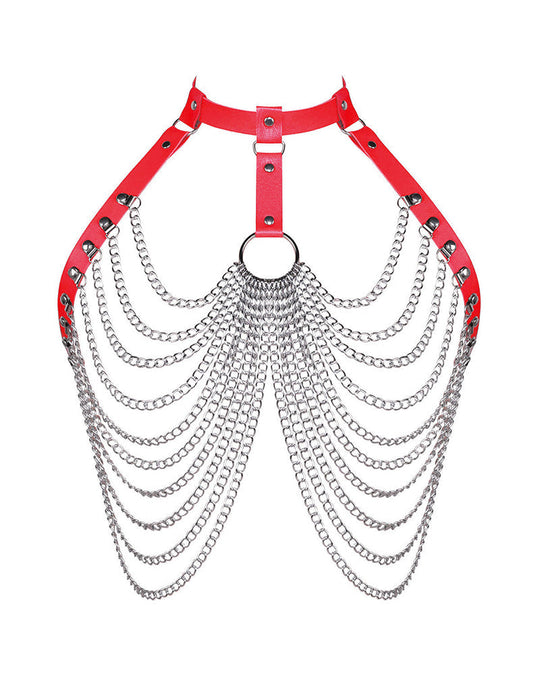 Punk sexy exaggerated multi-layer metal chest chain body chain nightclub rock pu leather collar clavicle chain - Yeahcir