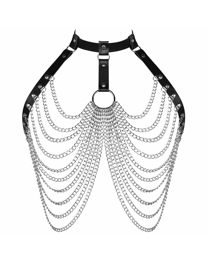 Punk sexy exaggerated multi-layer metal chest chain body chain nightclub rock pu leather collar clavicle chain - Yeahcir