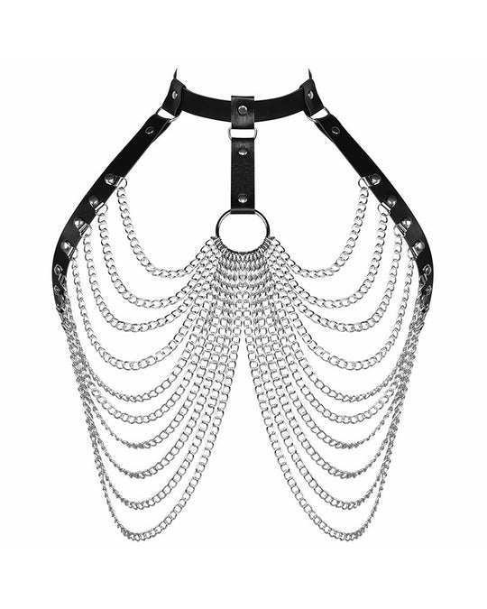 Punk sexy exaggerated multi-layer metal chest chain body chain nightclub rock pu leather collar clavicle chain - Yeahcir