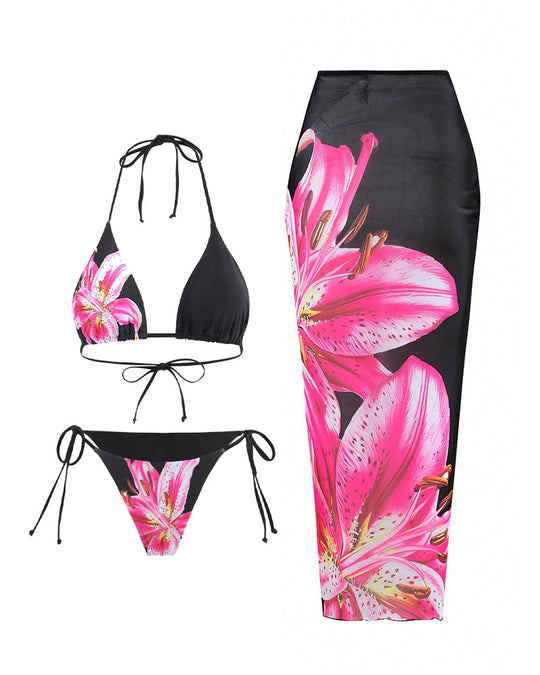 Women's Floral Print Halter Bikini Set - Yeahcir
