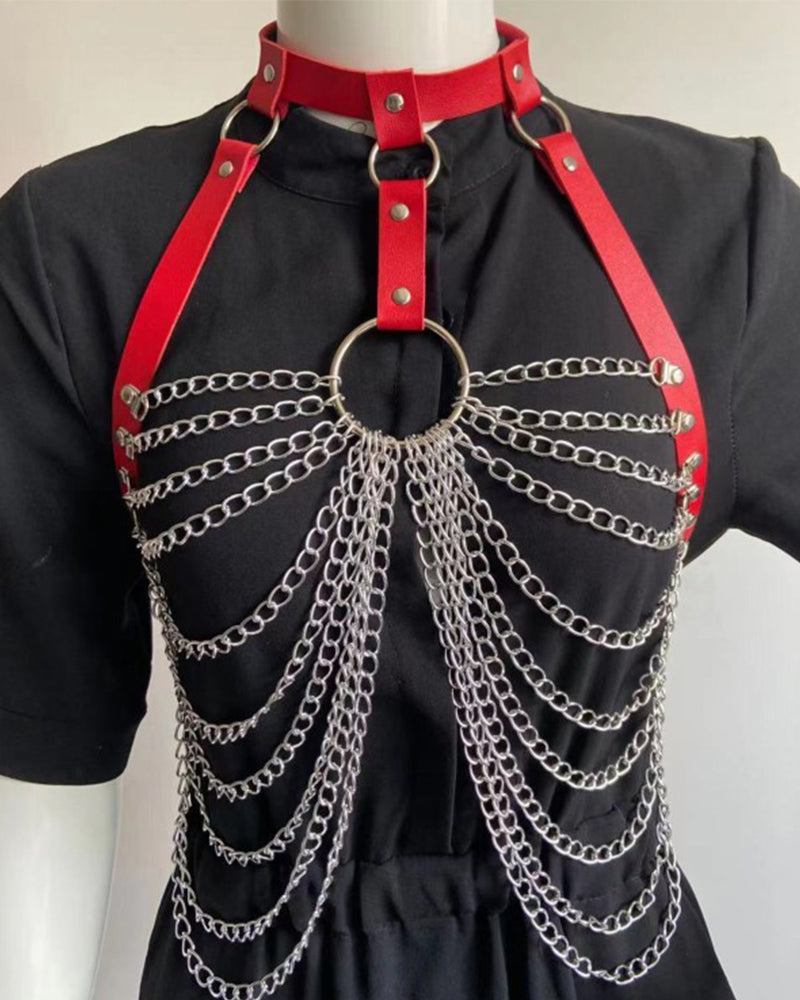 Punk sexy exaggerated multi-layer metal chest chain body chain nightclub rock pu leather collar clavicle chain - Yeahcir