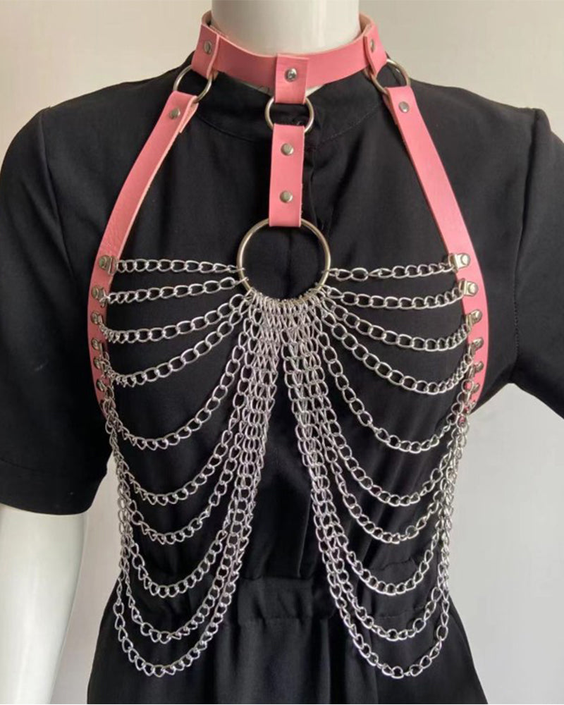 Punk sexy exaggerated multi-layer metal chest chain body chain nightclub rock pu leather collar clavicle chain - Yeahcir