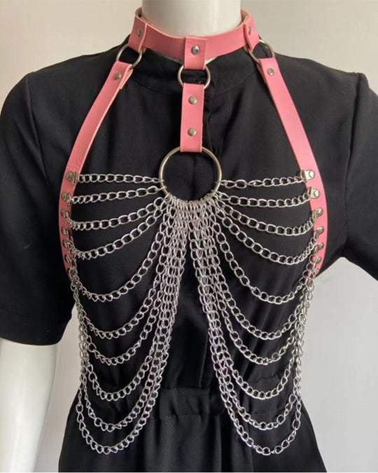 Punk sexy exaggerated multi-layer metal chest chain body chain nightclub rock pu leather collar clavicle chain - Yeahcir