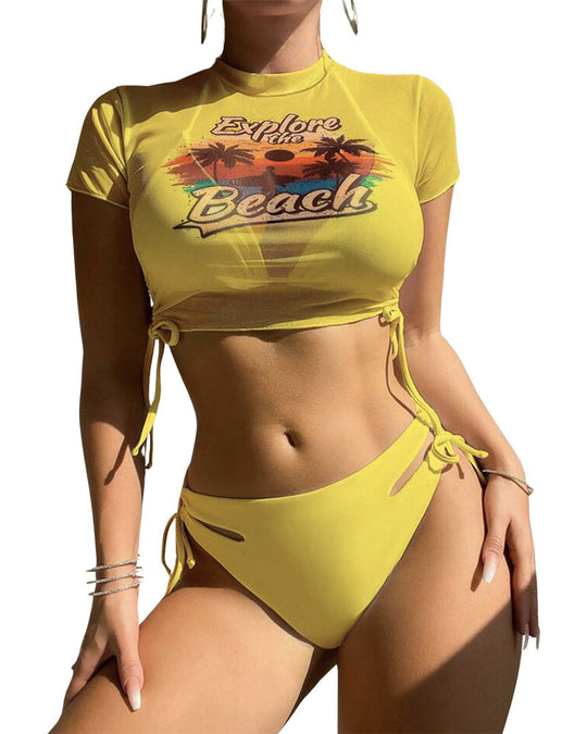 Mesh swimsuit three-piece bikini set with T-shirt