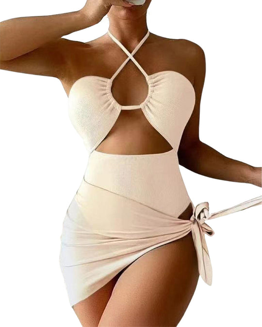 Women's Solid Color Ribbed One-piece Swimsuit - Yeahcir