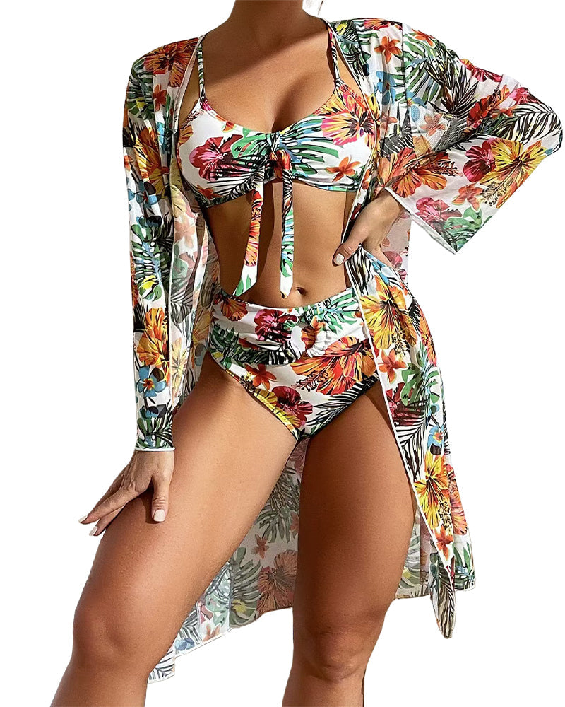 Long-sleeved blouse split three-piece swimsuit print sexy swimsuit new bikini