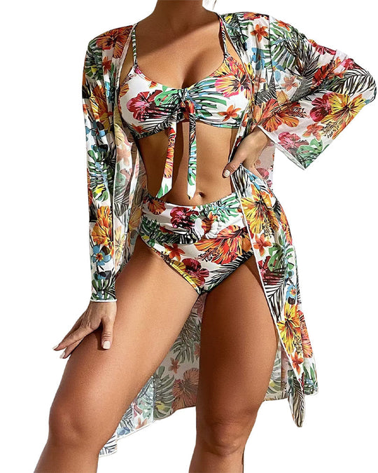 Long-sleeved blouse split three-piece swimsuit print sexy swimsuit new bikini - Yeahcir