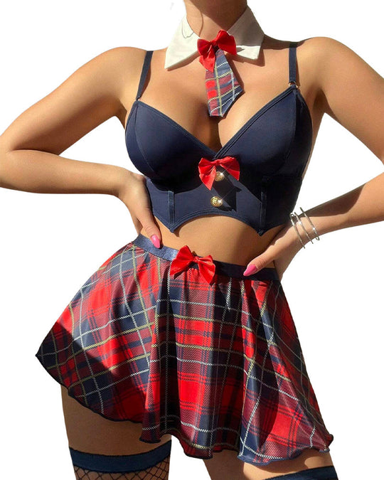 Sexy Student Uniform Plaid Tie Decor A-Line Skirt Lingerie Set - Yeahcir