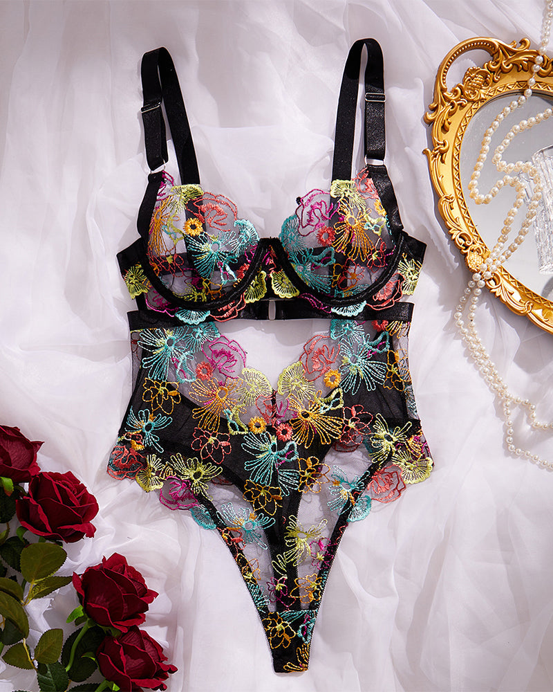 Floral Embroidery Cut Out Sheer Sexy Lingerie - Yeahcir