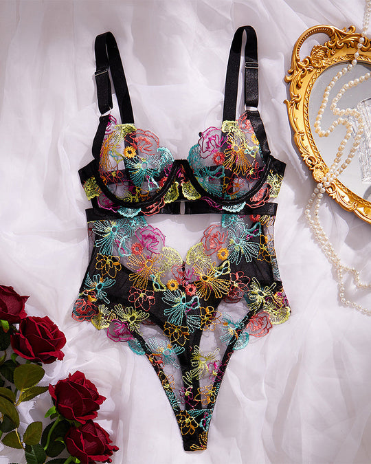Floral Embroidery Cut Out Sheer Sexy Lingerie - Yeahcir