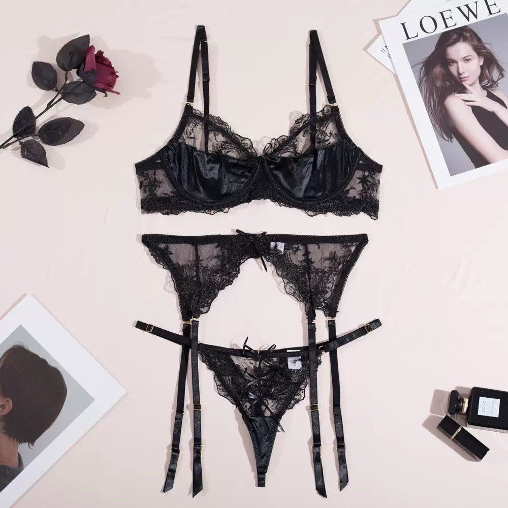 Eleanor Black 3 Piece Lingerie Set - Yeahcir
