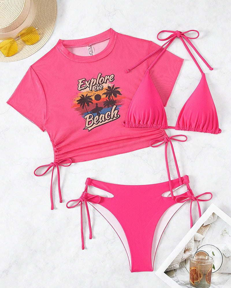 Mesh swimsuit three-piece bikini set with T-shirt