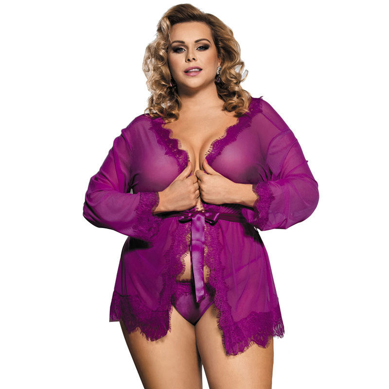 Solid Lace Tie Robe Thong - Yeahcir