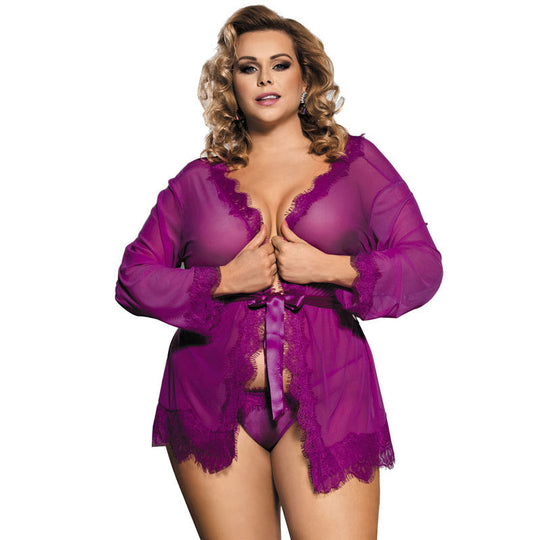 Solid Lace Tie Robe Thong - Yeahcir