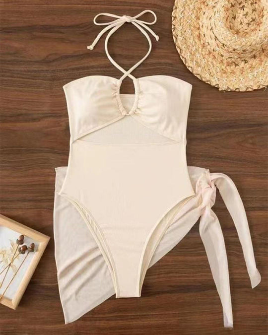 Women's Solid Color Ribbed One-piece Swimsuit - Yeahcir