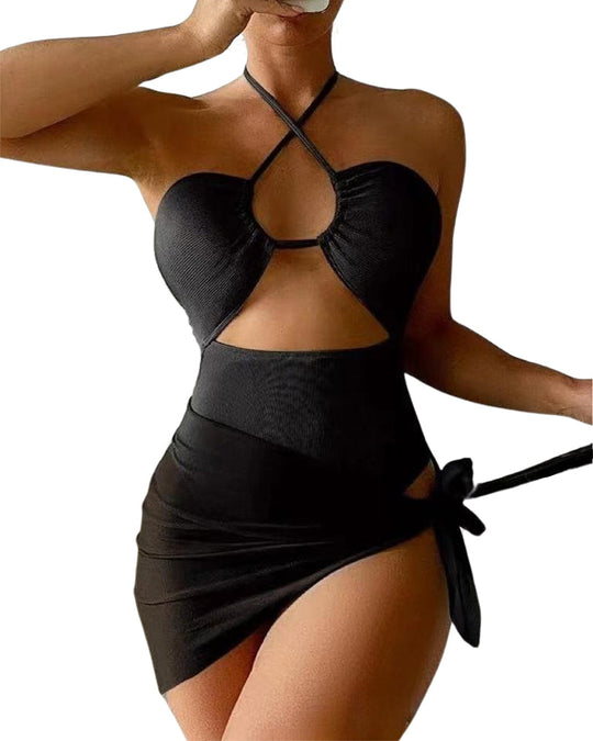 Women's Solid Color Ribbed One-piece Swimsuit - Yeahcir