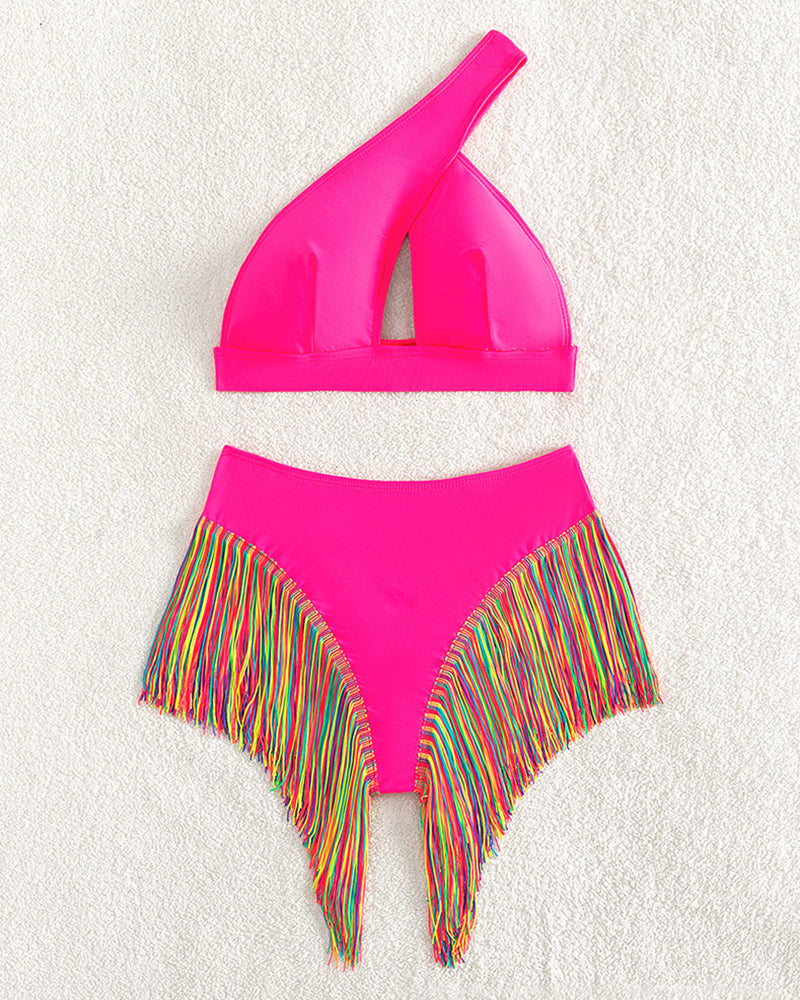 Women's Solid Color Tassel Trim Bikini Set