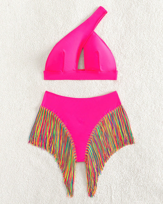 Women's Solid Color Tassel Trim Bikini Set