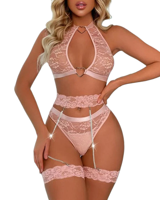 Solid Color Floral Lace Sexy Lingerie Set - Yeahcir
