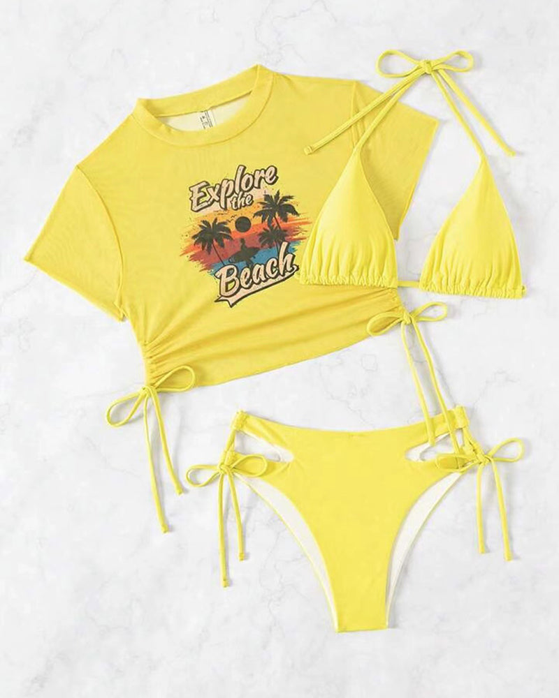 Mesh swimsuit three-piece bikini set with T-shirt