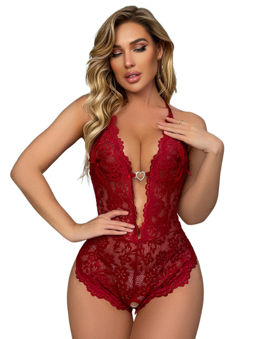Bridal Floral Lace Scallop Trim Cut Out Sheer Crotchless Sexy Lingerie Wear - Yeahcir
