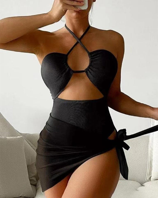 Women's Solid Color Ribbed One-piece Swimsuit - Yeahcir