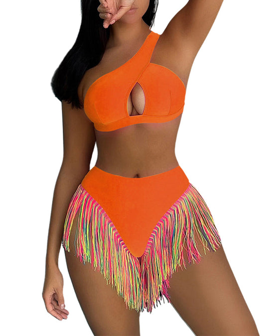 Women's Solid Color Tassel Trim Bikini Set