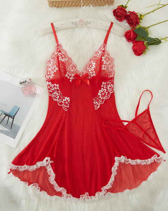 Sexy V Neck Sheer Lace Nightgown with G-String - Yeahcir