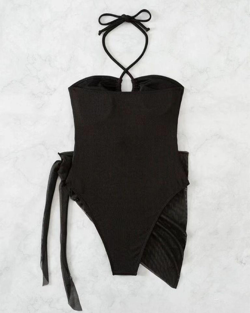 Women's Solid Color Ribbed One-piece Swimsuit - Yeahcir