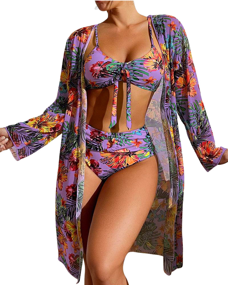 Long-sleeved blouse split three-piece swimsuit print sexy swimsuit new bikini - Yeahcir