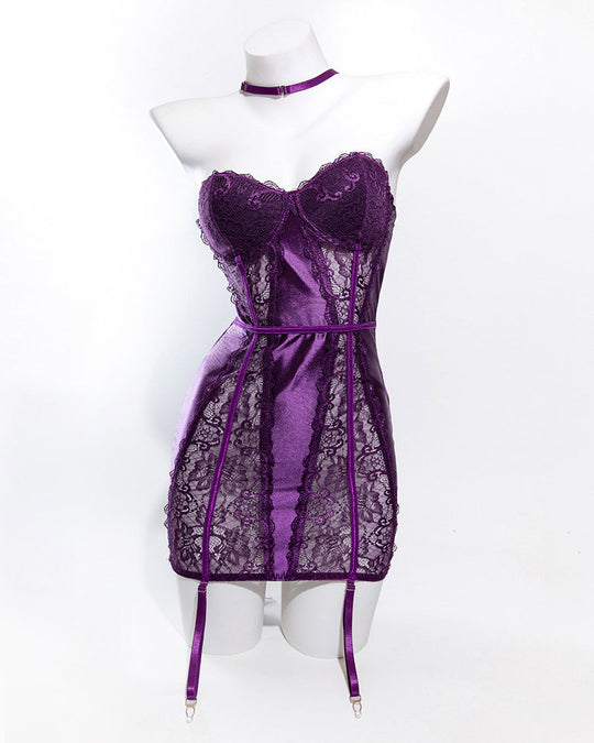 Purple hollow lace stitching top gathered back halter neck lingerie set - Yeahcir