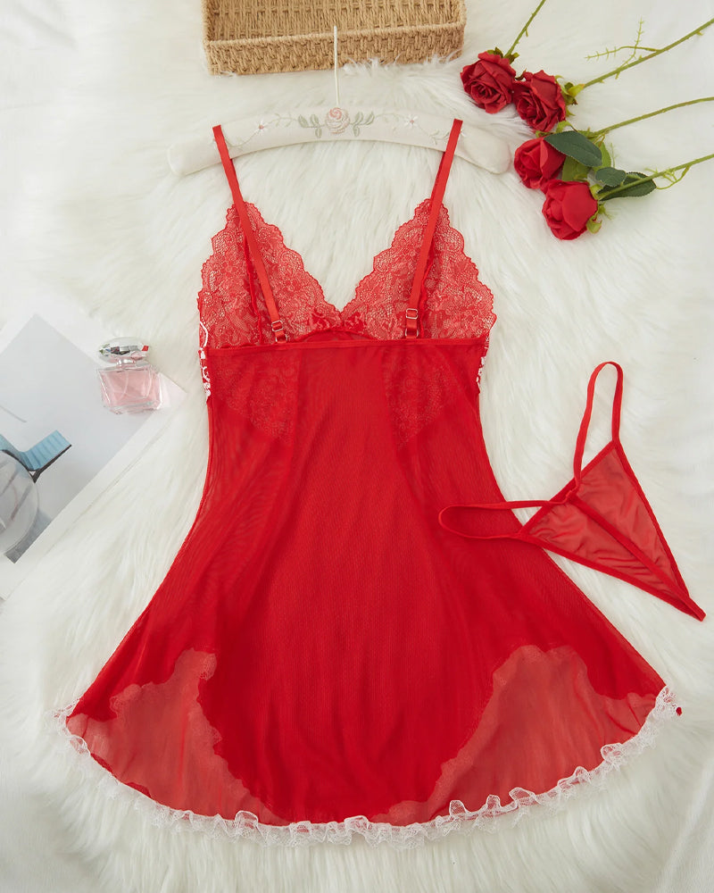Sexy V Neck Sheer Lace Nightgown with G-String - Yeahcir