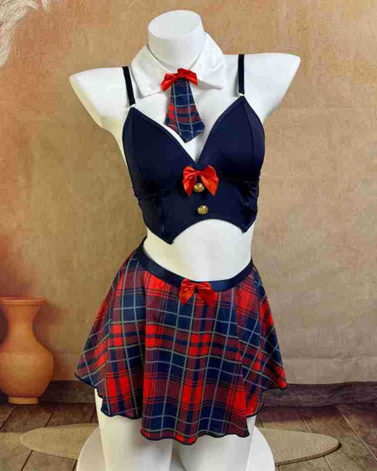 Sexy Student Uniform Plaid Tie Decor A-Line Skirt Lingerie Set - Yeahcir