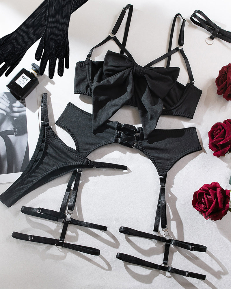 Women's Sexy Hollow Bowknot Strap Lingerie 5 Set - Yeahcir