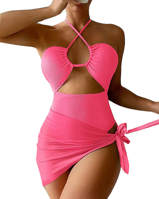 Women's Solid Color Ribbed One-piece Swimsuit - Yeahcir