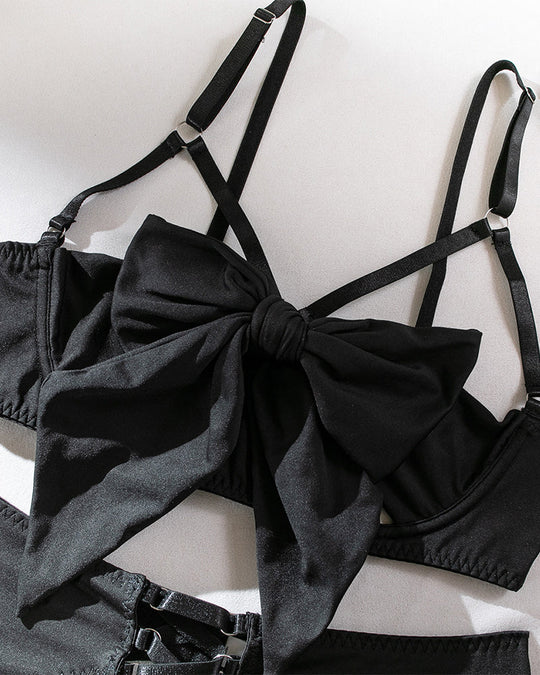 Women's Sexy Hollow Bowknot Strap Lingerie 5 Set - Yeahcir