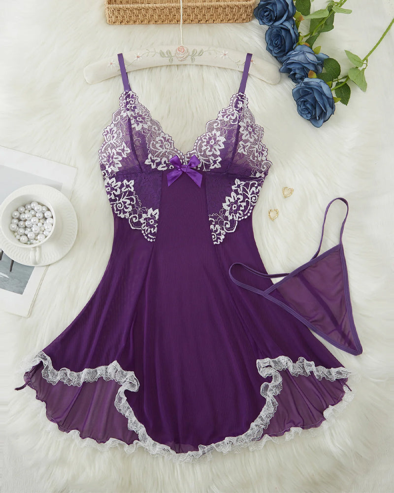 Sexy V Neck Sheer Lace Nightgown with G-String - Yeahcir