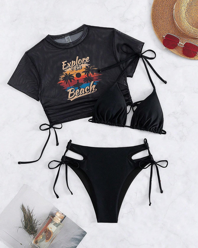 Mesh swimsuit three-piece bikini set with T-shirt