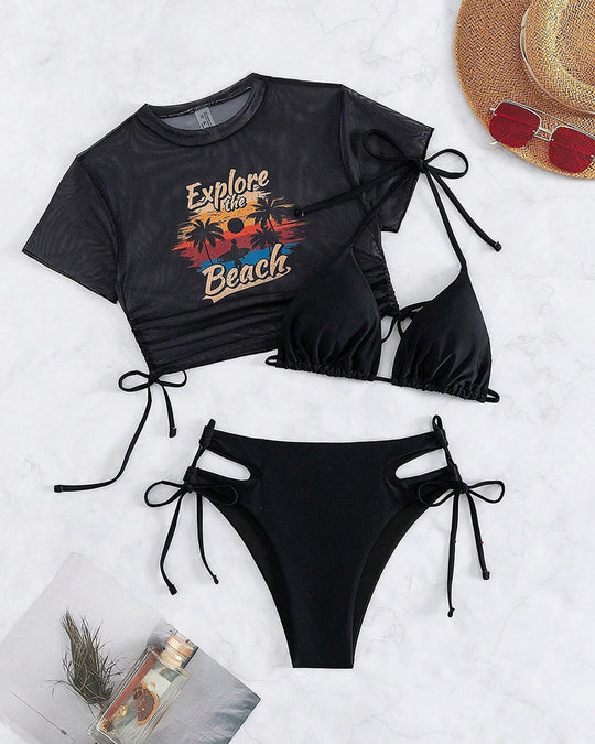 Mesh swimsuit three-piece bikini set with T-shirt