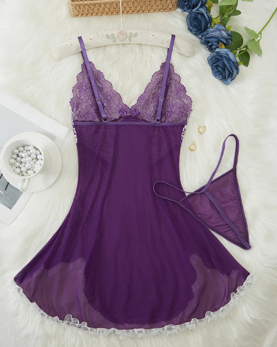 Sexy V Neck Sheer Lace Nightgown with G-String - Yeahcir