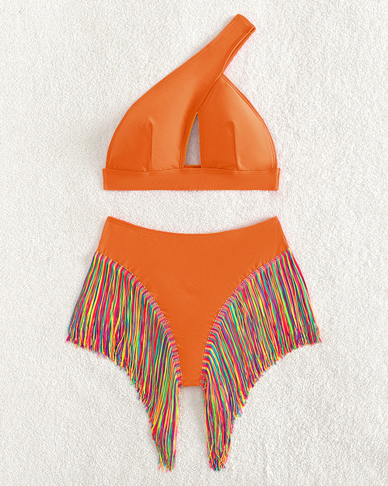 Women's Solid Color Tassel Trim Bikini Set
